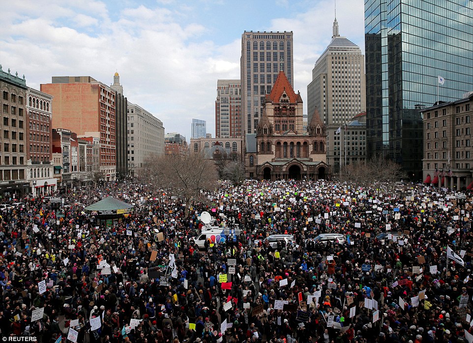 A huge crowd of people is seen in Boston's Copley Square on Sunday during protests against the new immigration policy put forward by Trump this week
