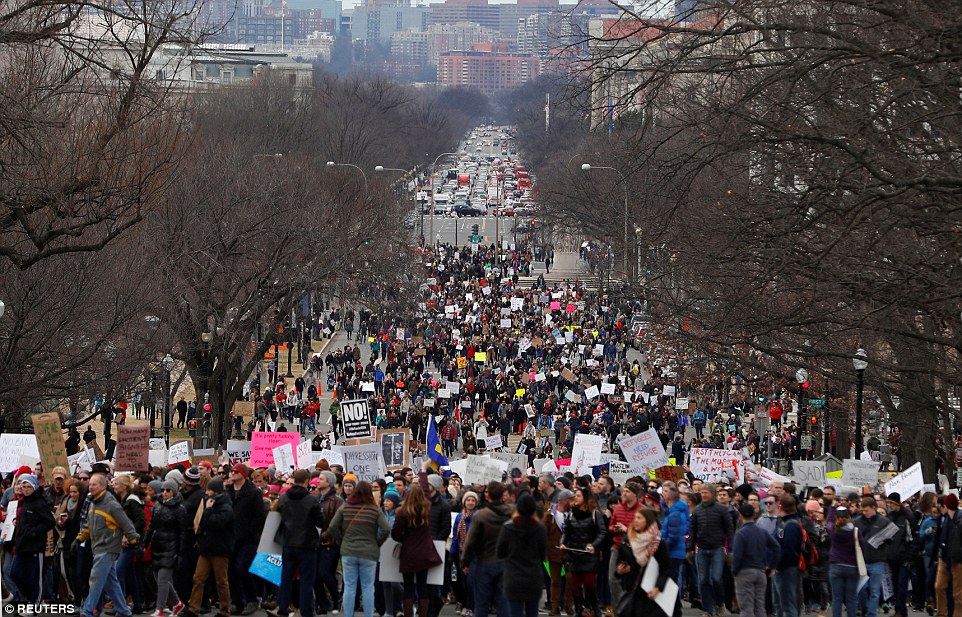 A huge crowd was seen across Washington DC on Sunday marching to the US Capitol to protest against the executive actions