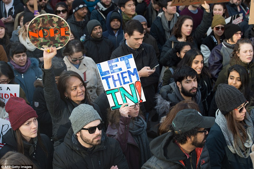 Protesters gathered in Battery Park Sunday afternoon and marched to the offices of Customs and Border Patrol in Manhattan