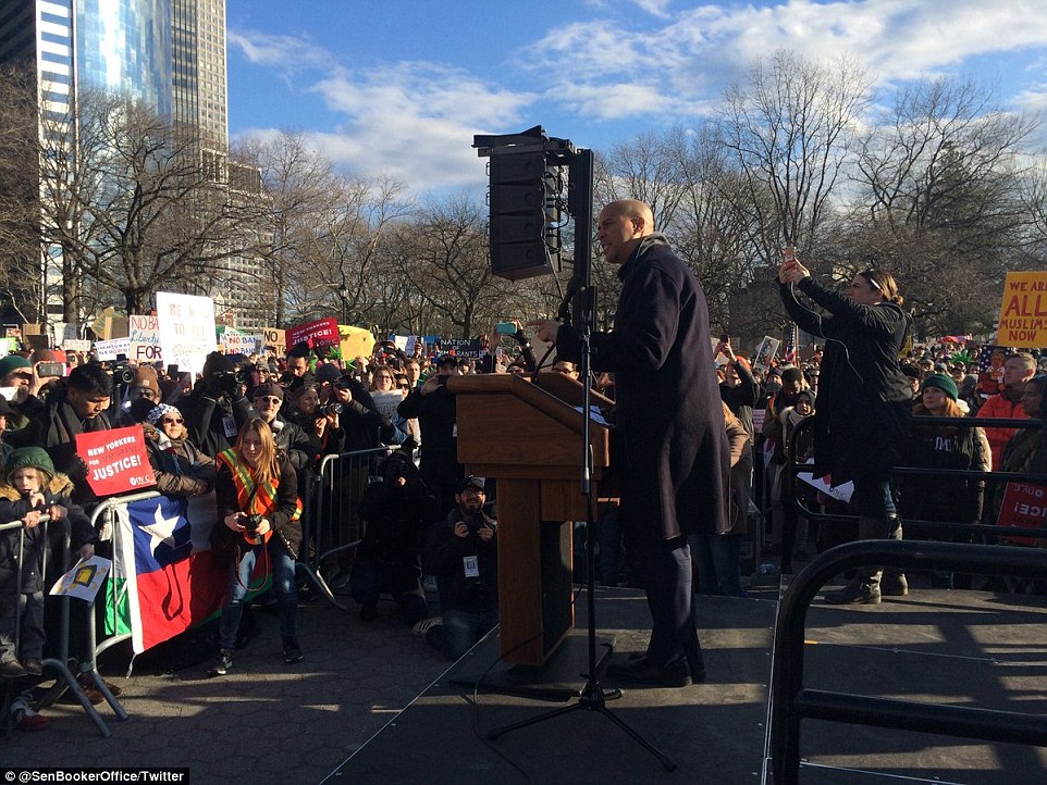 Booker also addressed the massive crowd who gathered in New York City's Battery Park for a protest Sunday afternoon