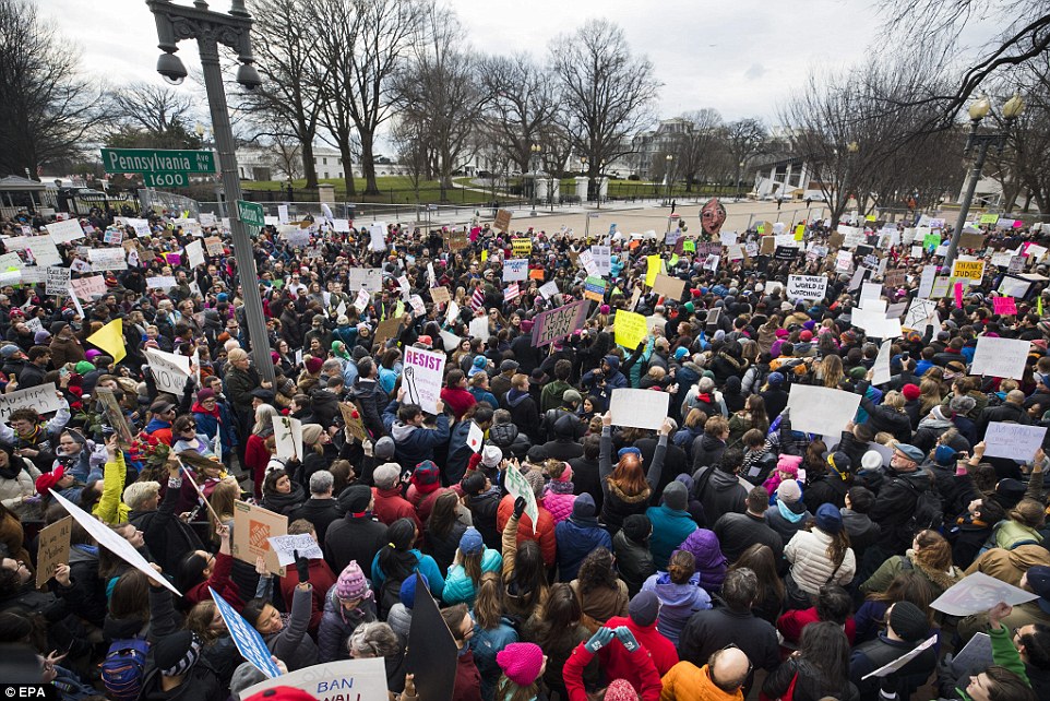 Thousands of people protest President Trump's immigration ban on citizens from seven majority-Muslim countries outside the White House