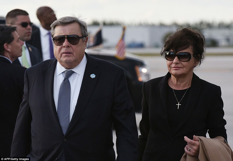 Viktor and Amalija Knavs, Melania Trump's mother and father, are pictured arriving in West Palm Beach on Friday, having flown over on Air Force One along with the president, their daughter, and their grandson Barron 