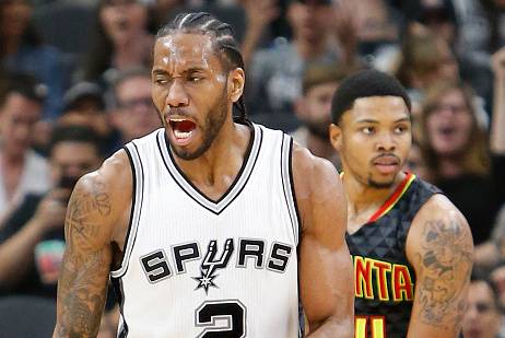 SAN ANTONIO,TX - MARCH 13: Kawhi Leonard #2 of the San Antonio Spurs reacts after scoring but not getting an and one against the Atlanta Hawks at AT&T Center on March 13, 2017 in San Antonio, Texas. NOTE TO USER: User expressly acknowledges and agrees th