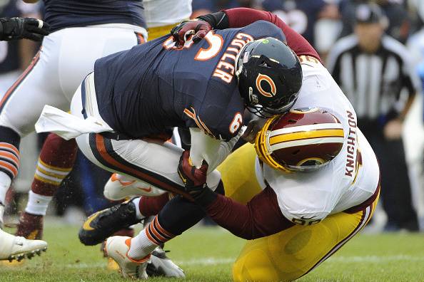 CHICAGO, IL- DECEMBER 13: Terrance Knighton #98 of the Washington Redskins sacks Jay Cutler #6 of the Chicago Bears during the first quarter on December 13, 2015 at Soldier Field in Chicago, Illinois. The Washington Redskins won 24-21. (Photo by David Ban