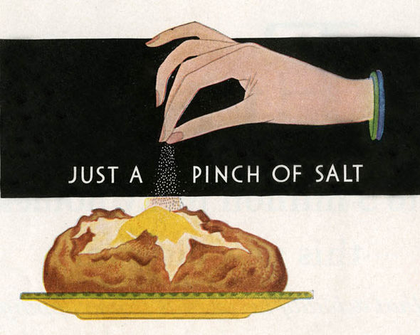 Old poster showing a pinch of salt added to potato
