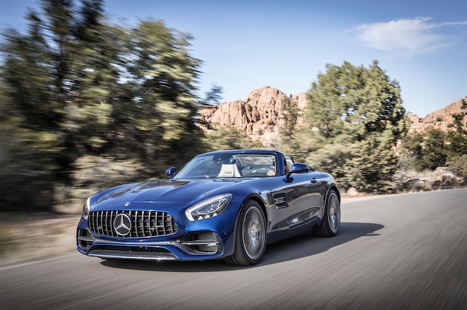 2018 Mercedes AMG GT Roadster front three quarter in motion 05