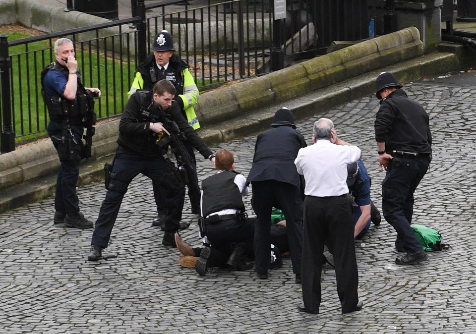 Cops outside Parliament after an attacker stabbed a cop after storming the gates 